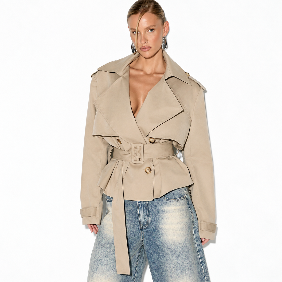 Veste Trench Courte Ceinturée