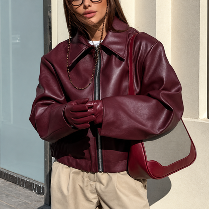 blouson cuir zippé style vintage femme